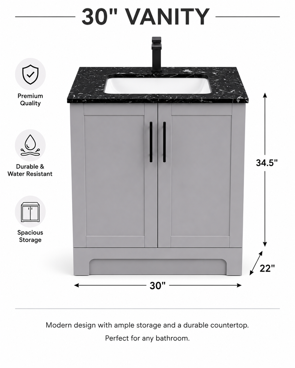 ✨ 30" HDF Bathroom Vanity with Quartz Countertop & Sink