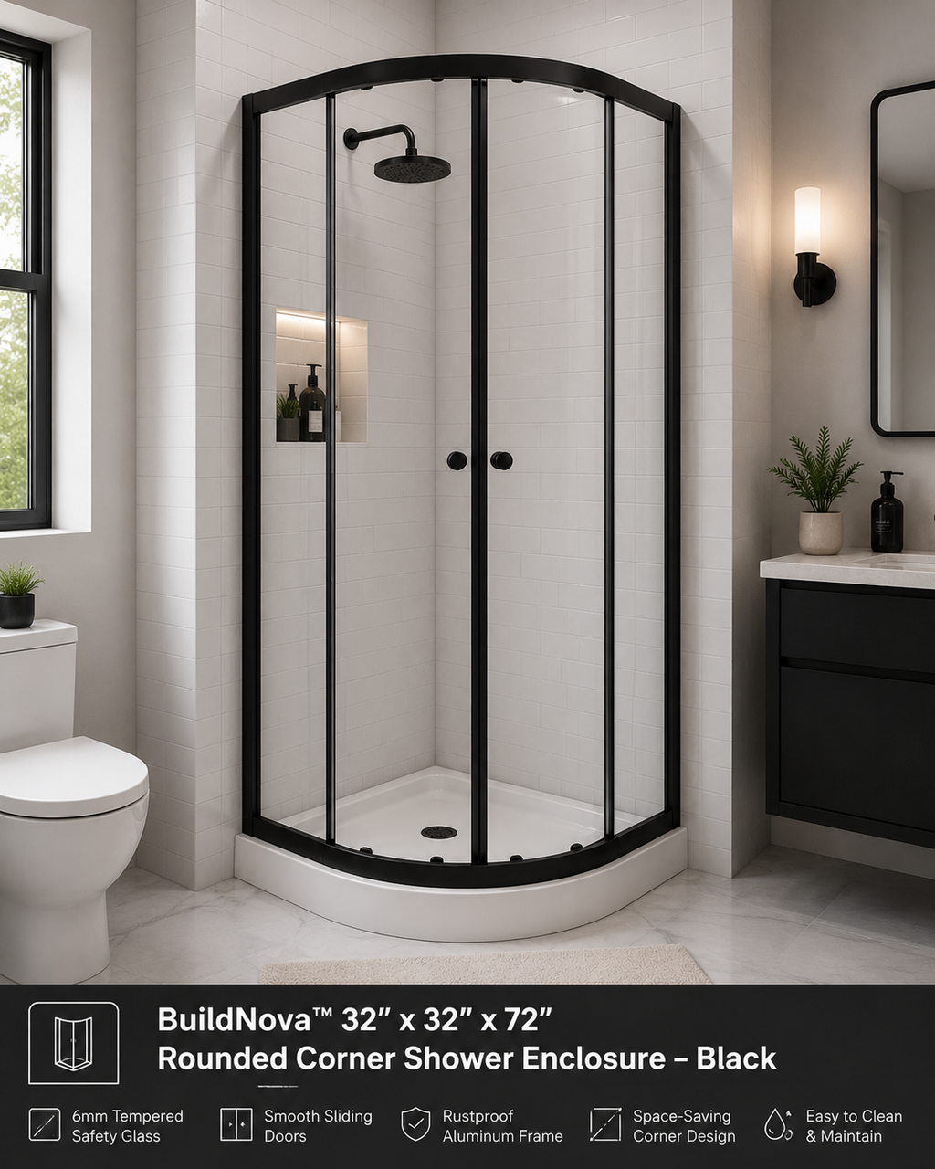 BuildNova™ 32" x 32" x 72" Rounded Corner Shower Enclosure