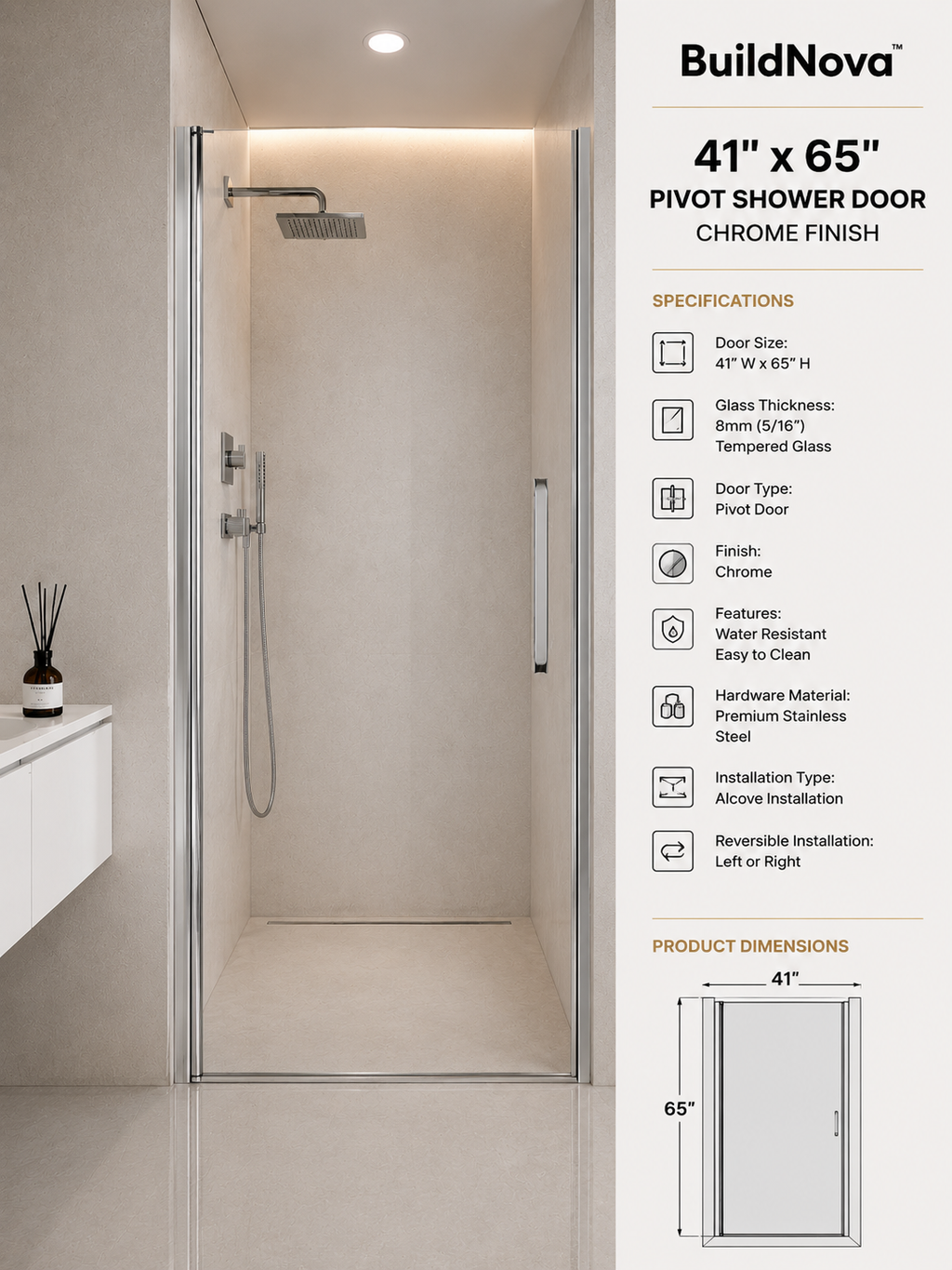 BuildNova™ Adjustable Pivot Shower Door – Chrome | 41.5"–43" W x 65" H | 8mm Tempered Glass