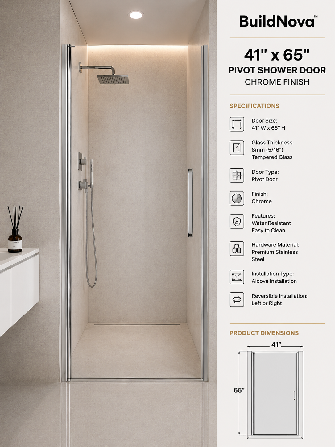 BuildNova™ Adjustable Pivot Shower Door – Chrome | 41.5"–43" W x 65" H | 8mm Tempered Glass