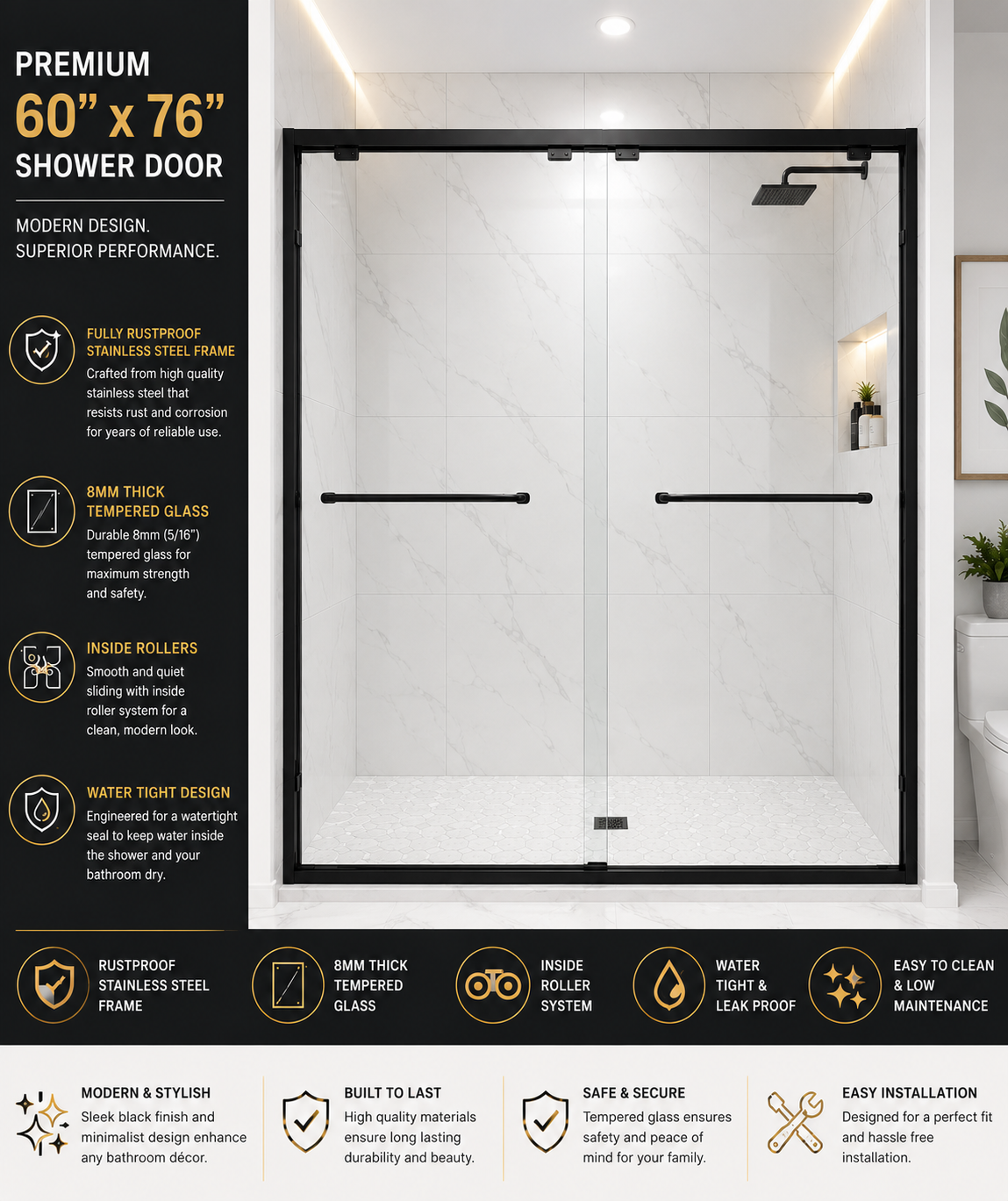 BuildNova™ 60" x 76" Framed Sliding Shower Door – Chrome, Black  | 8mm Tempered Glass |
