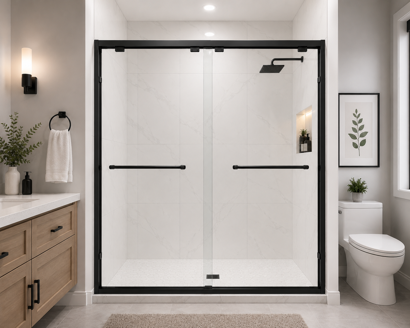 BuildNova™ 60" x 76" Framed Sliding Shower Door – Chrome, Black  | 8mm Tempered Glass |