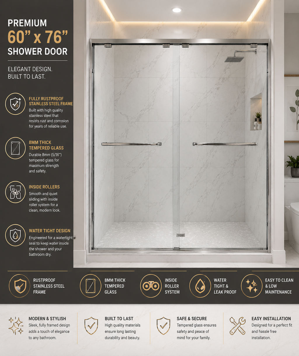 BuildNova™ 60" x 76" Framed Sliding Shower Door – Chrome, Black  | 8mm Tempered Glass |