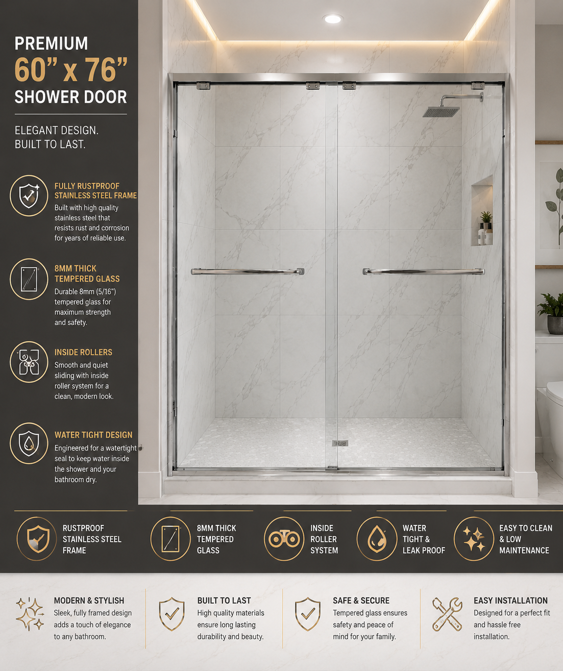 BuildNova™ 60" x 76" Framed Sliding Shower Door – Chrome, Black  | 8mm Tempered Glass |