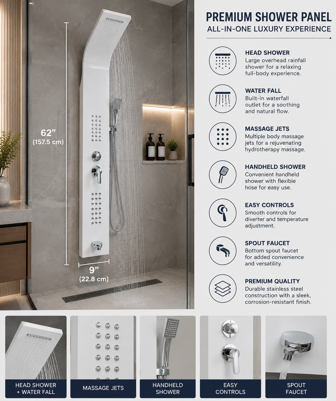 BuildNova™ ArcticFlow 62" Luxury Shower Panel