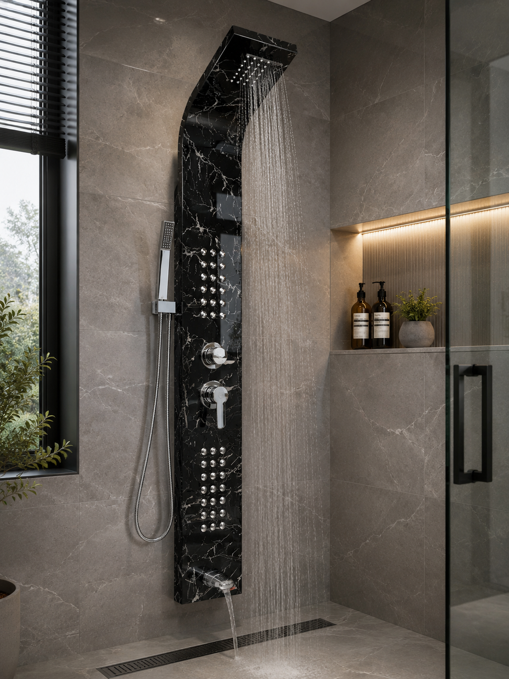 BuildNova™ Noir Cascade 62" Black Marble Luxury Shower Panel