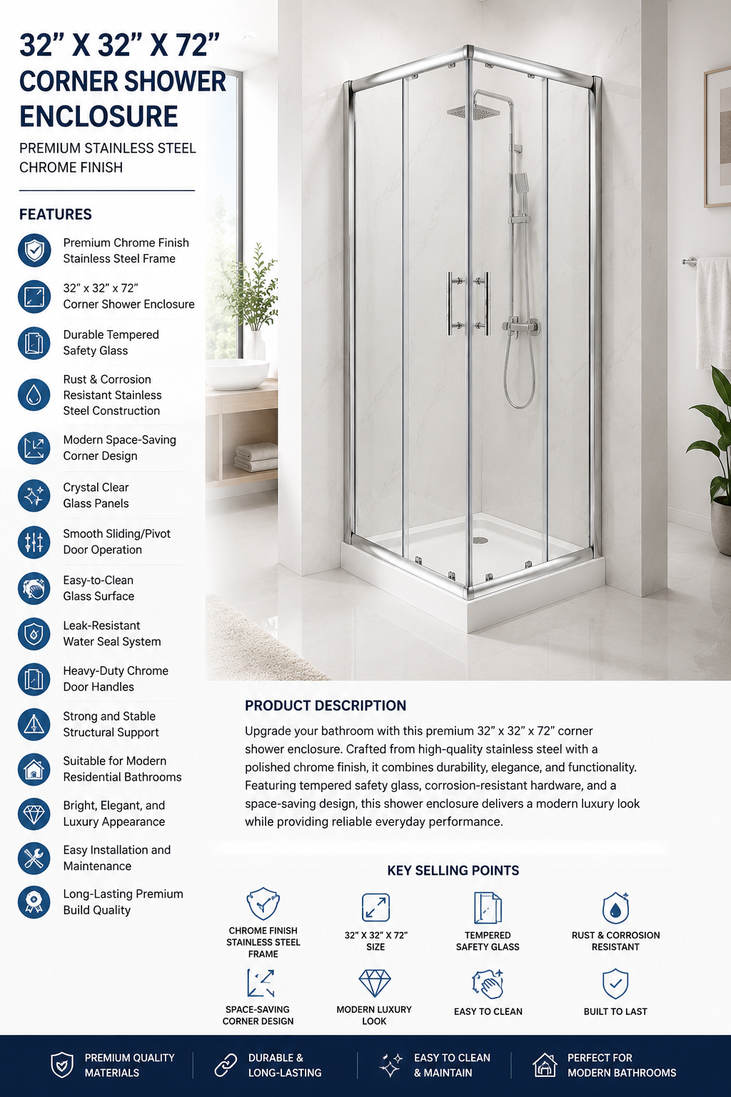 Shower Door 32X32X73'' Square Chrome