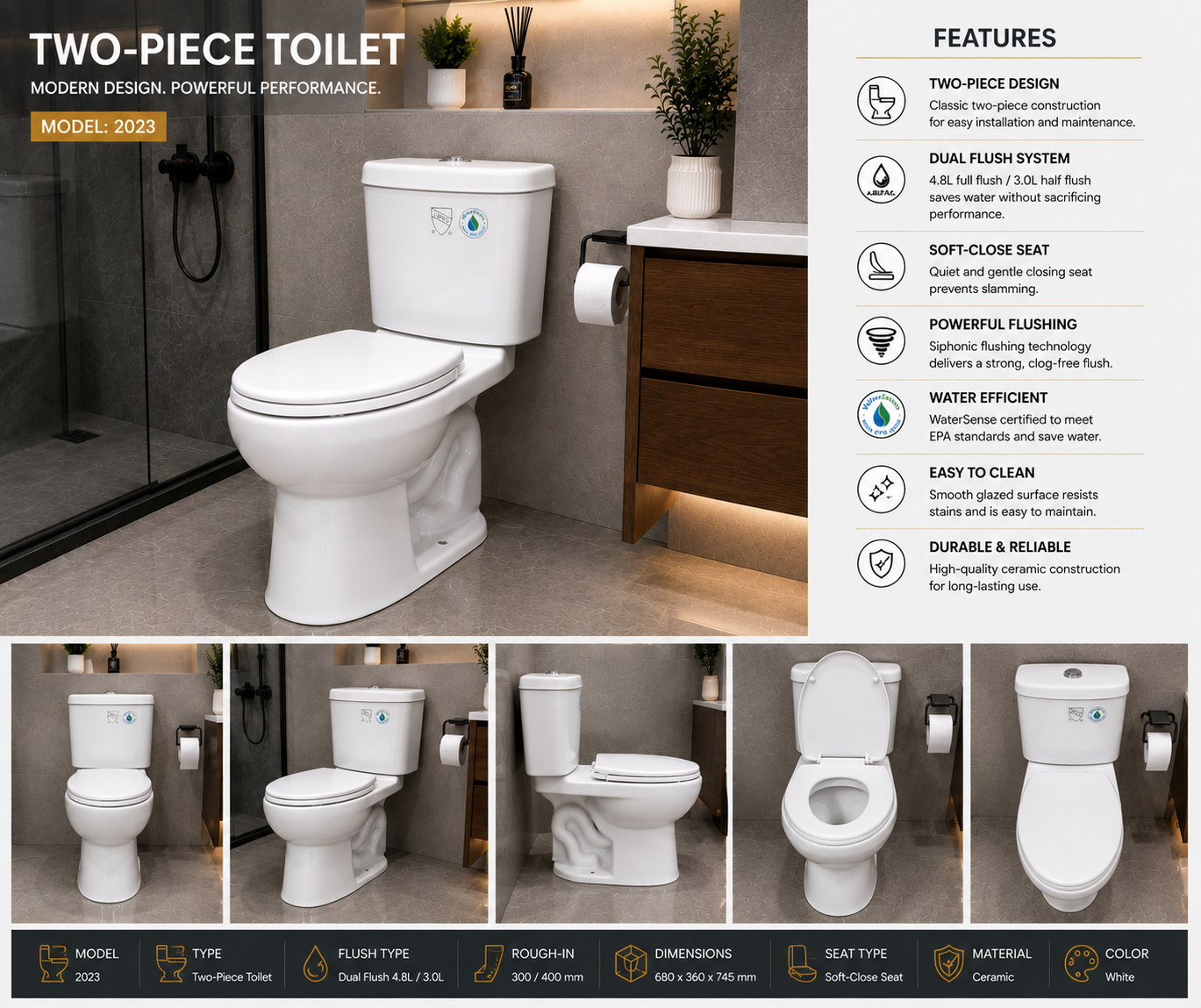 Buildnova 2023 Two-Piece Dual Flush Toilet with Soft-Close Seat – White Ceramic