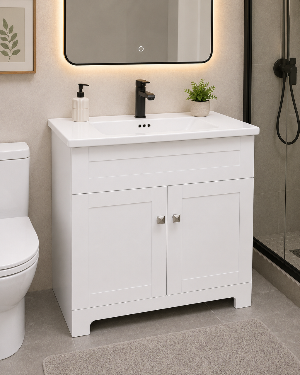 30" Aspen White Bathroom Vanity with Ceramic Sink – Modern Freestanding Vanity with Storage