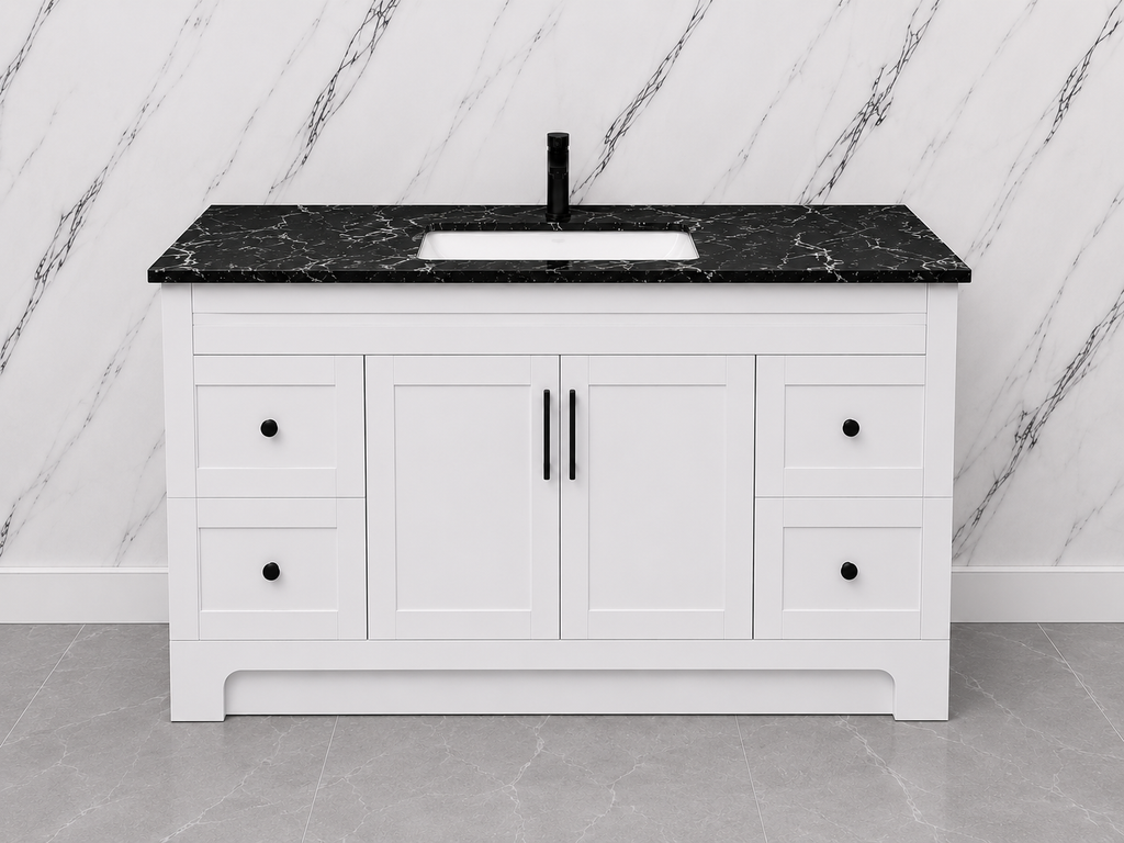 48" Grey HDF Bathroom Vanity with Black Quartz Countertop & Soft-Close Storage