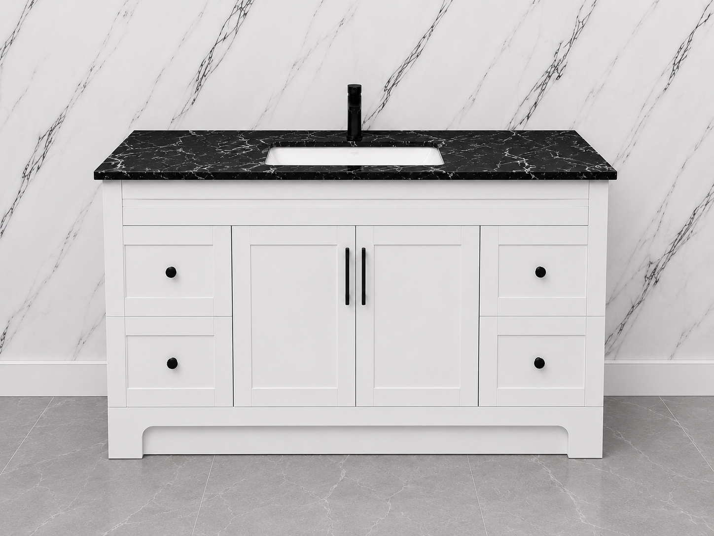 48" Grey HDF Bathroom Vanity with Black Quartz Countertop & Soft-Close Storage