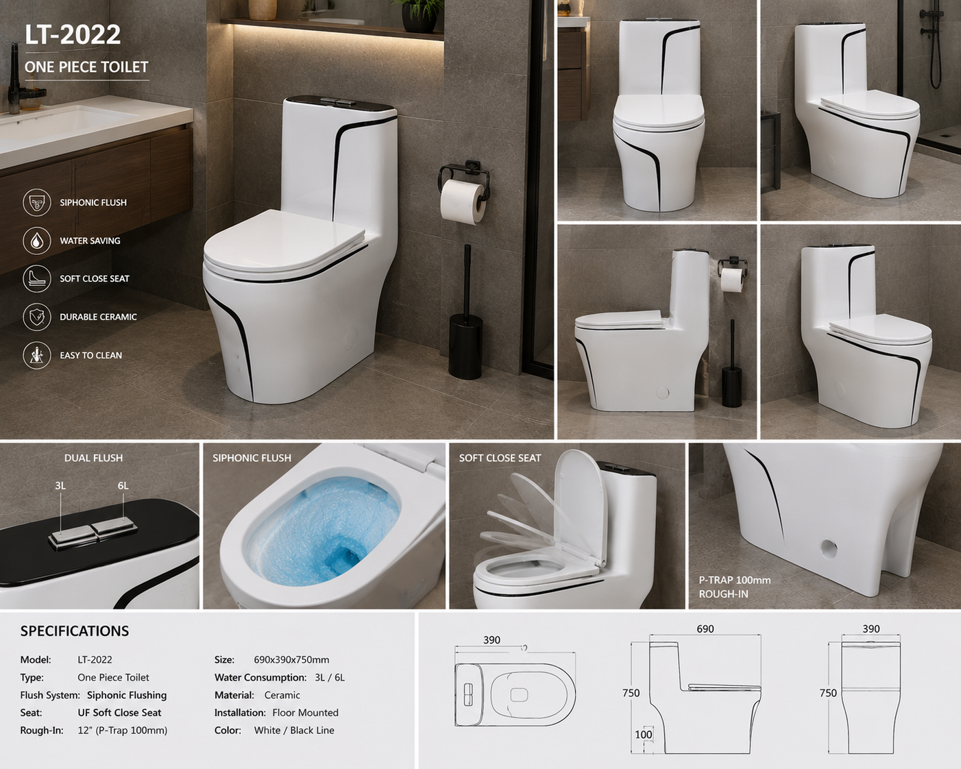 Collage of a white one-piece toilet with various features and specifications displayed.