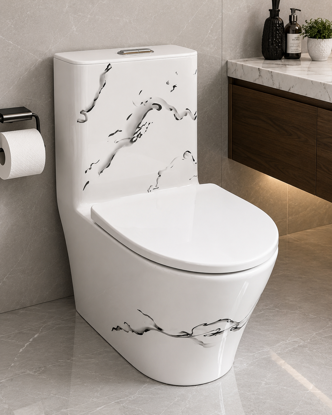 Buildnova 2023 One-Piece Dual Flush Toilet – White Marble Design with Soft-Close Seat