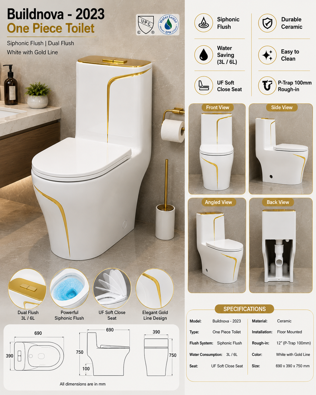 Buildnova 2023 Luxury One-Piece Dual Flush Toilet – White with Gold Accent | Soft-Close Seat | Modern Bathroom Design