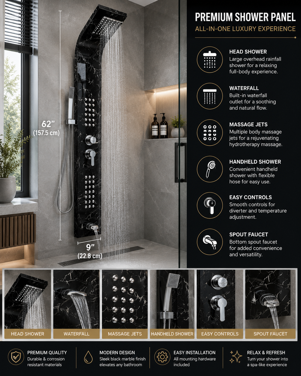 BuildNova™ Noir Cascade 62" Black Marble Luxury Shower Panel