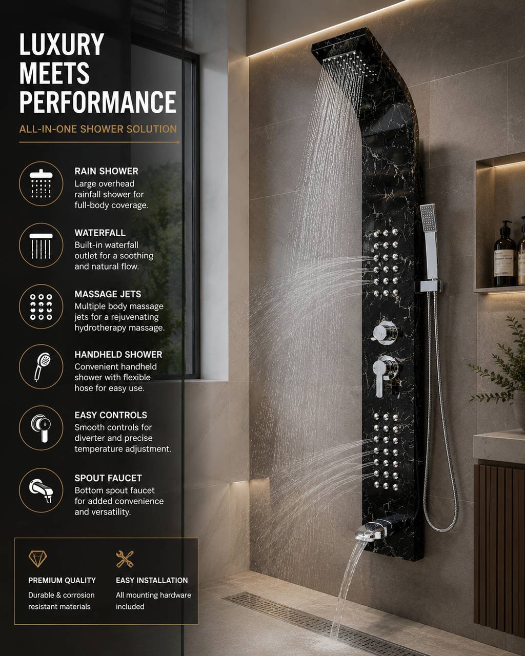 BuildNova™ Noir Cascade 62" Black Marble Luxury Shower Panel