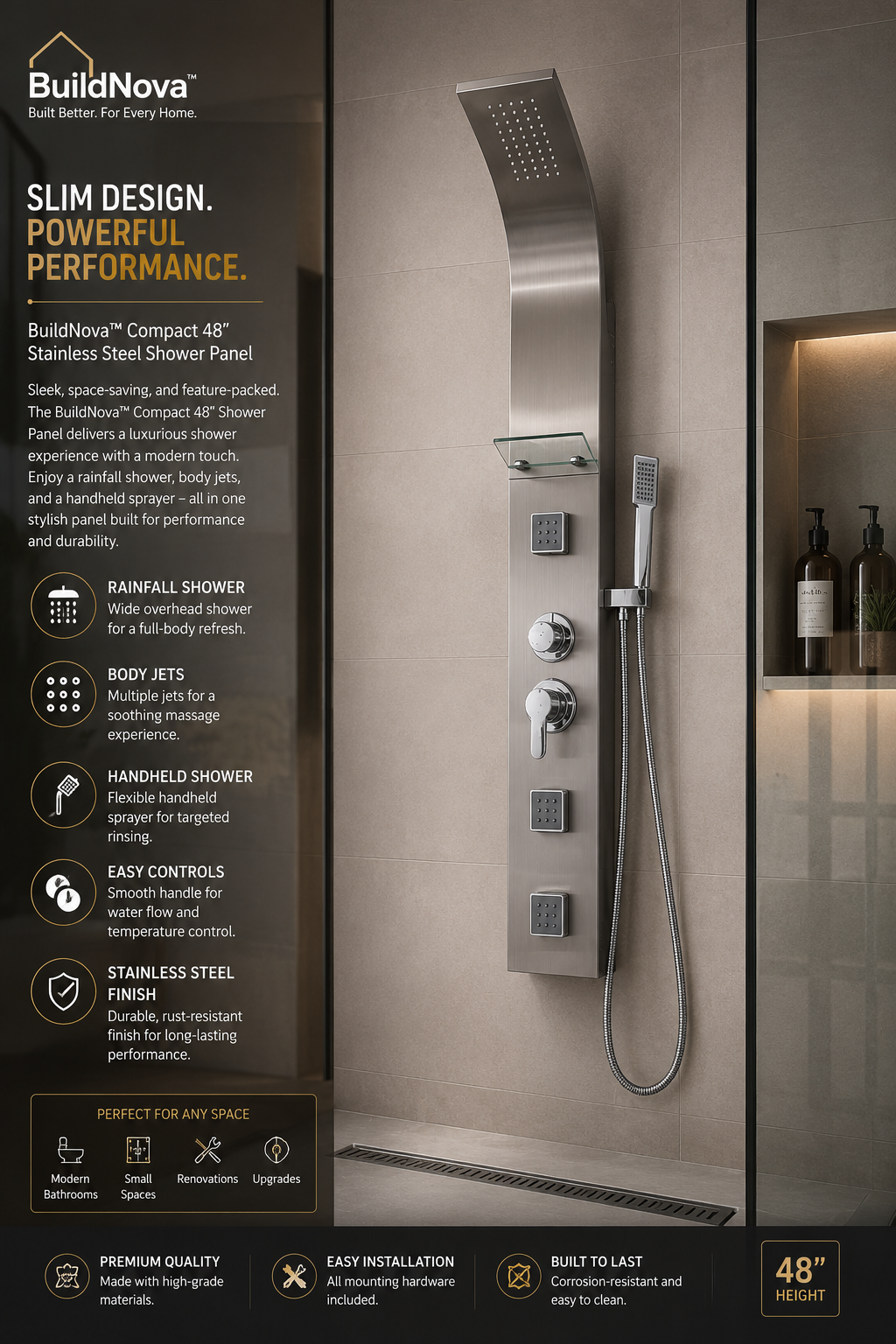 BuildNova™ SteelFlow Compact Shower Panel