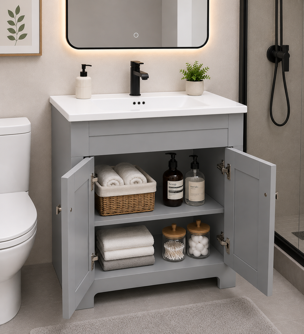 30" Aspen White Bathroom Vanity with Ceramic Sink – Modern Freestanding Vanity with Storage