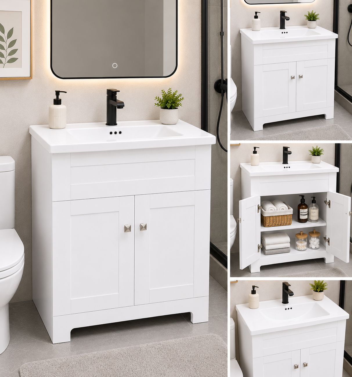 30" Aspen White Bathroom Vanity with Ceramic Sink – Modern Freestanding Vanity with Storage