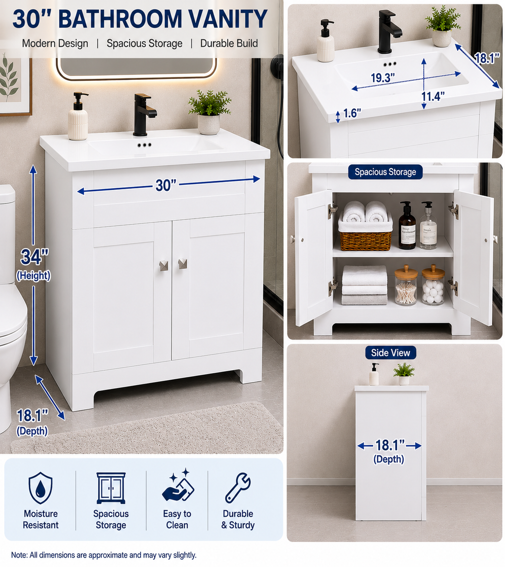 30" Aspen White Bathroom Vanity with Ceramic Sink – Modern Freestanding Vanity with Storage