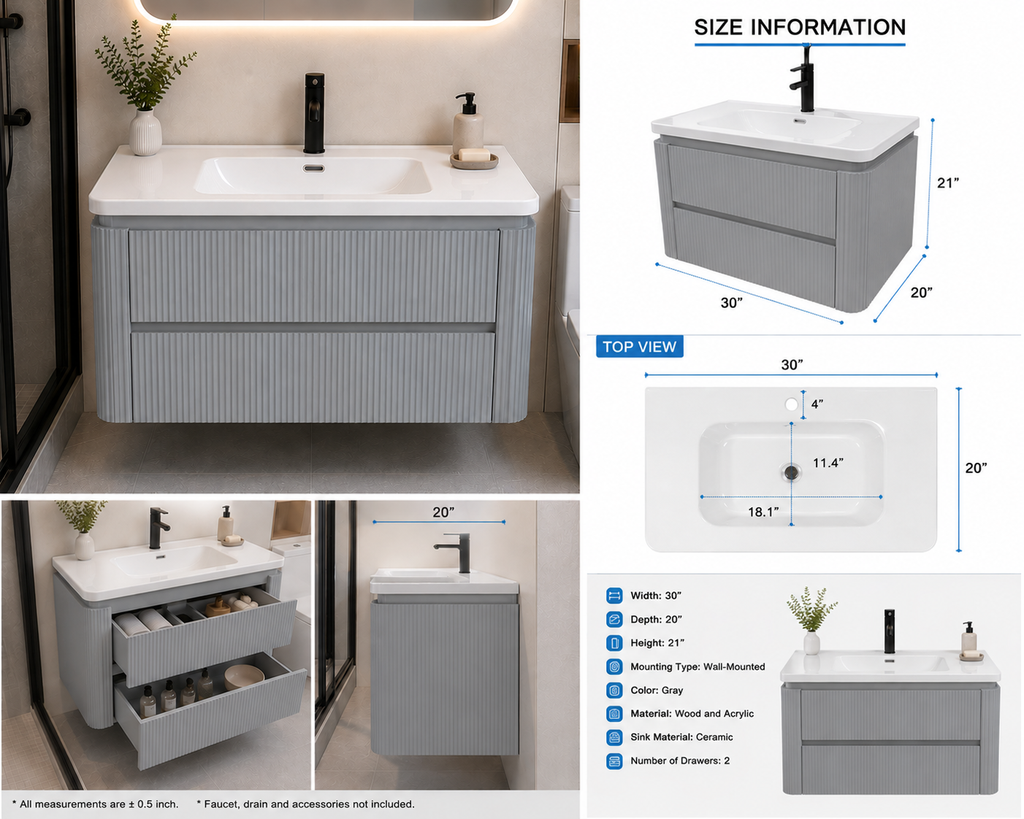 Buildnova Elevate Fluted 30 Floating Vanity