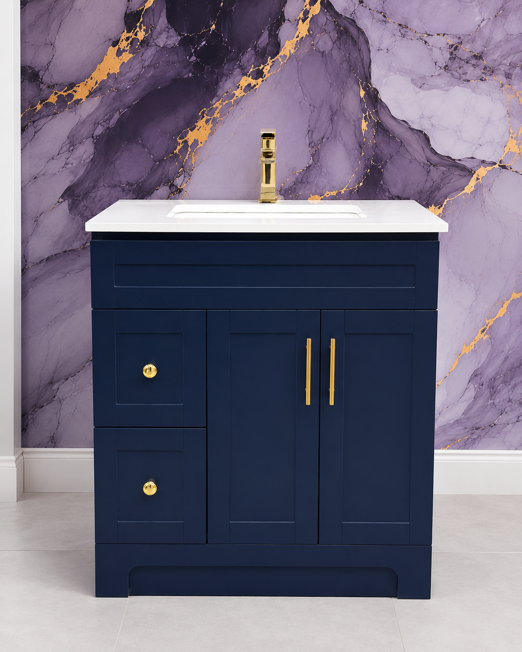 30" White HDF Bathroom Vanity with Quartz Countertop & Reversible Drawers