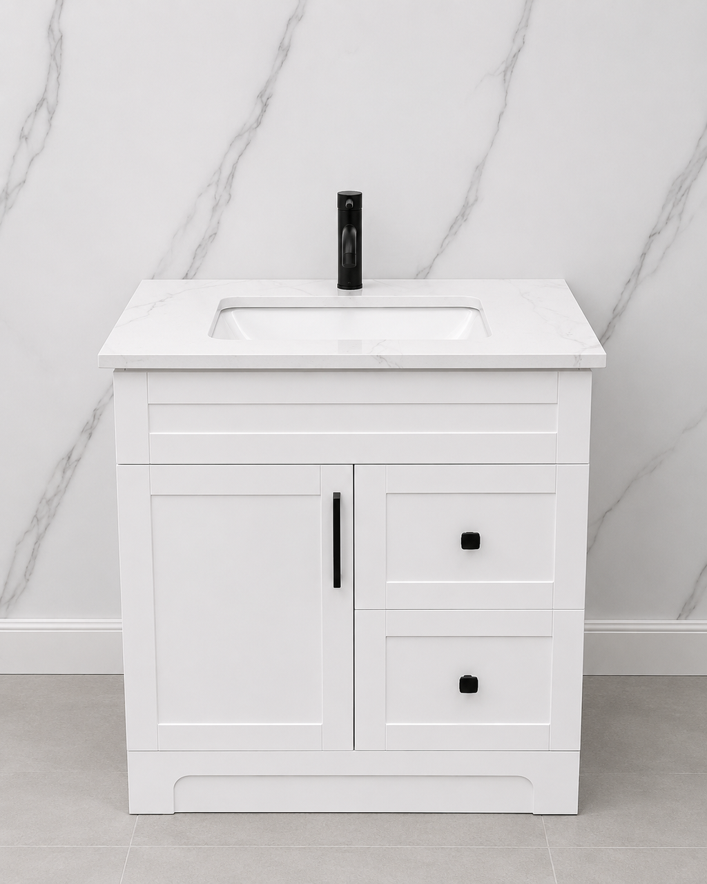 30" White HDF Bathroom Vanity with Quartz Countertop & Reversible Drawers