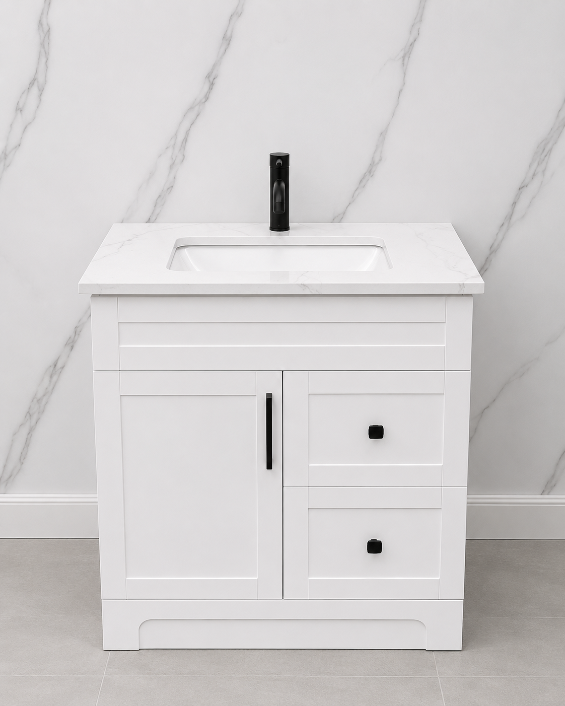 30" White HDF Bathroom Vanity with Quartz Countertop & Reversible Drawers