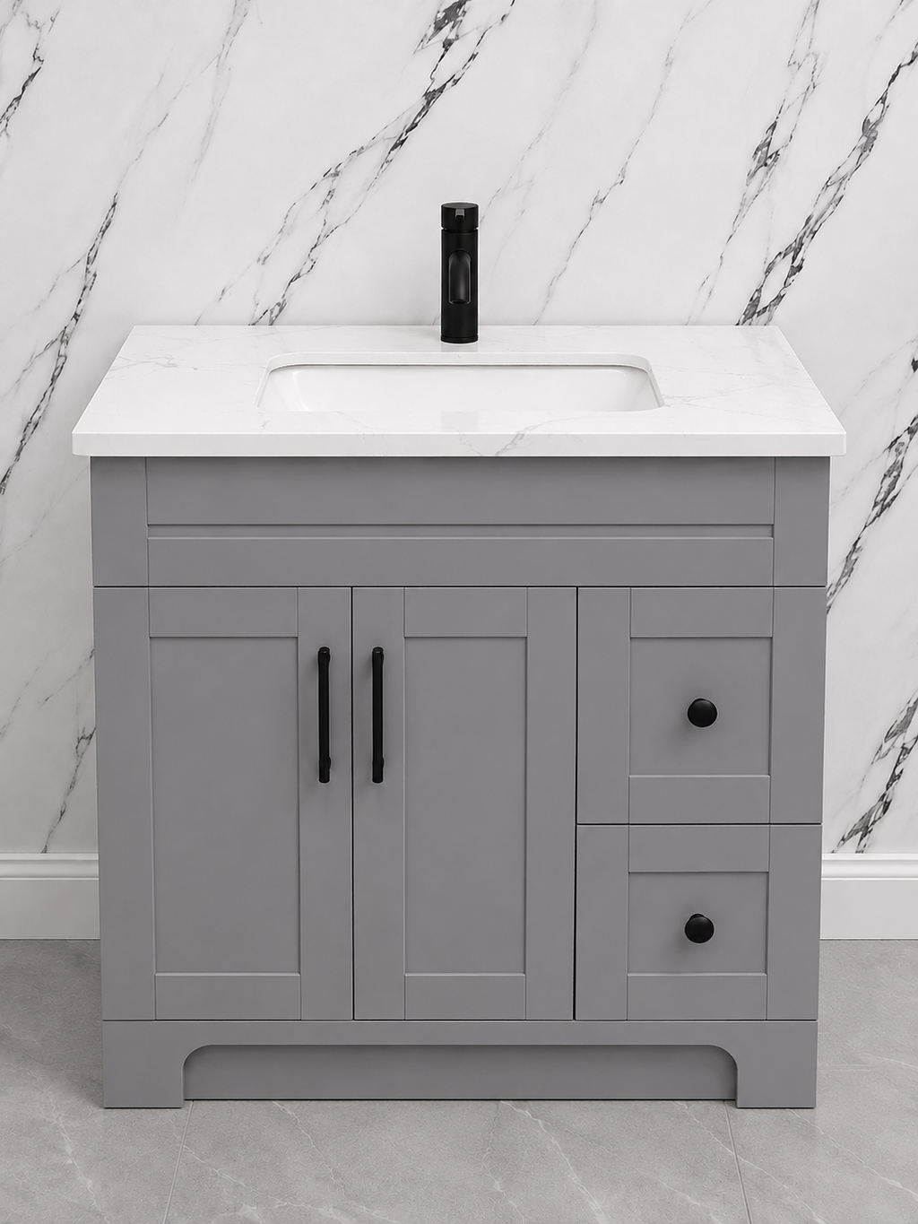 30" White HDF Bathroom Vanity with Quartz Countertop & Reversible Drawers