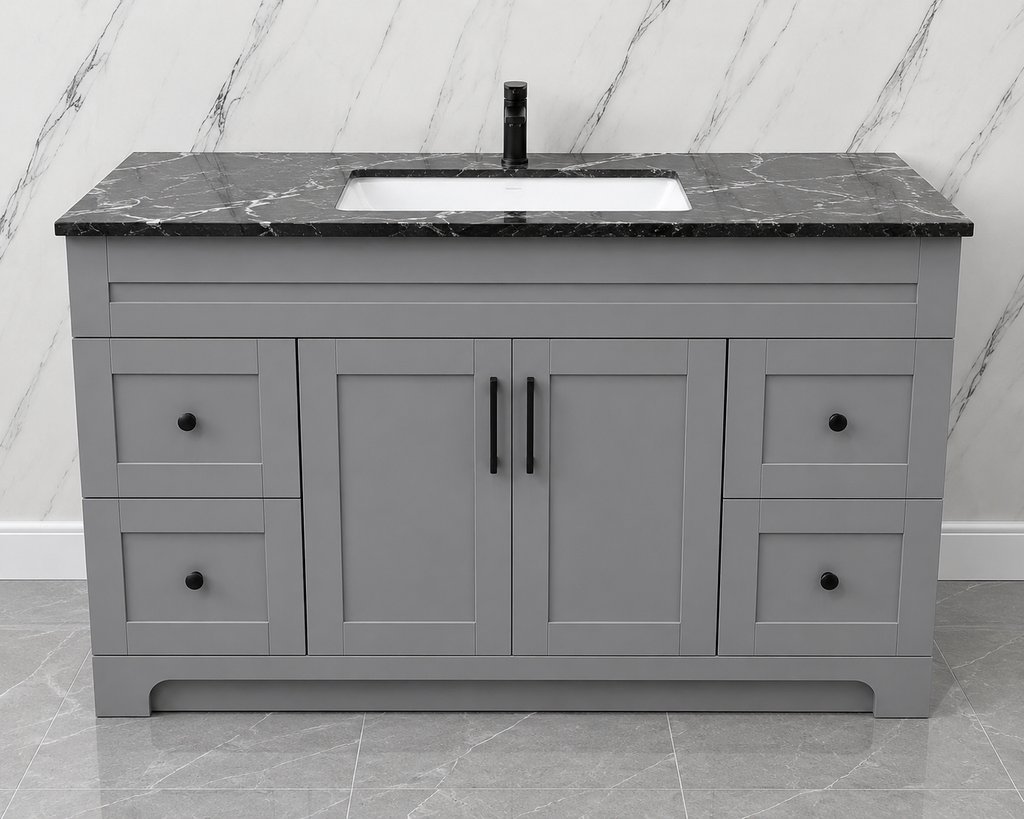 48" Grey HDF Bathroom Vanity with Black Quartz Countertop & Soft-Close Storage