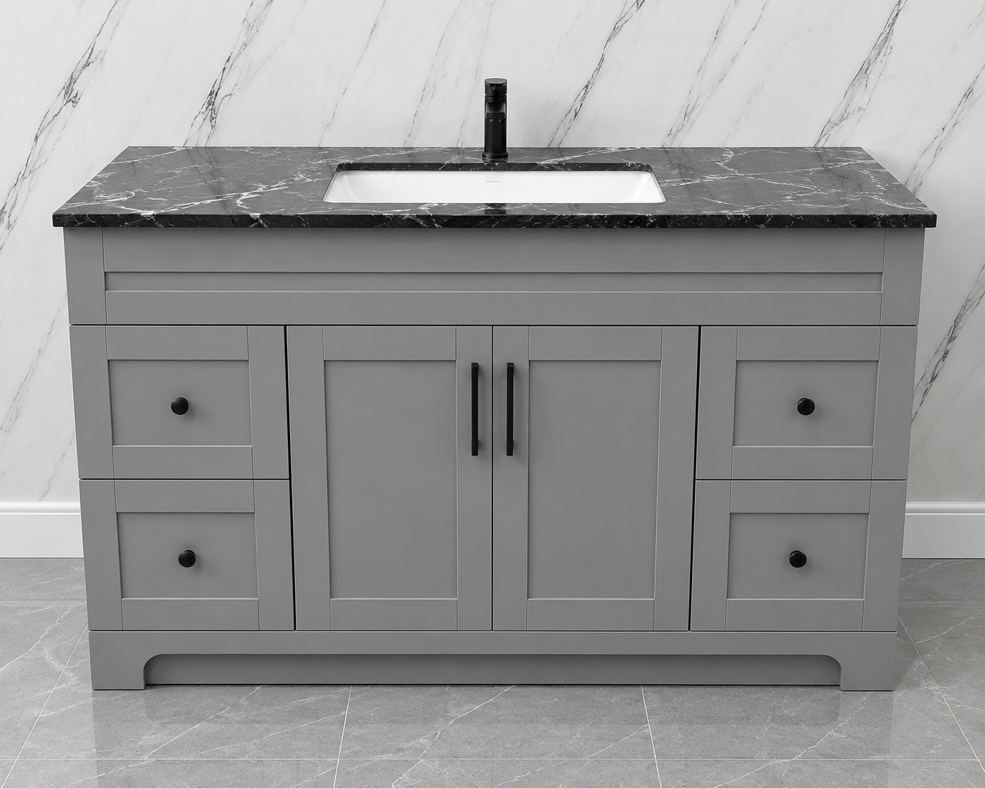 48" Grey HDF Bathroom Vanity with Black Quartz Countertop & Soft-Close Storage