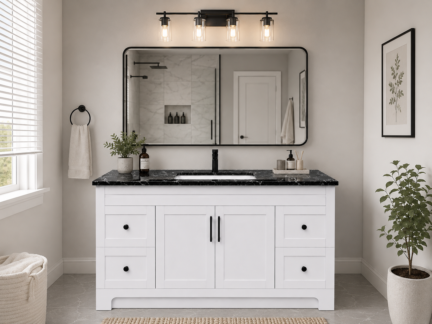 48" Grey HDF Bathroom Vanity with Black Quartz Countertop & Soft-Close Storage