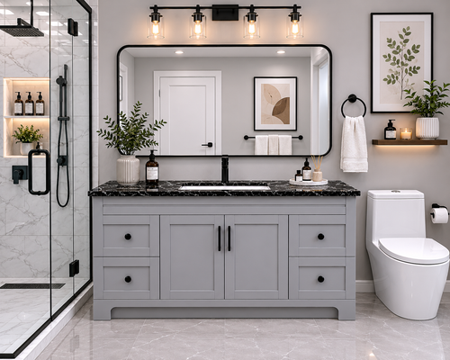 48" Grey HDF Bathroom Vanity with Black Quartz Countertop & Soft-Close Storage