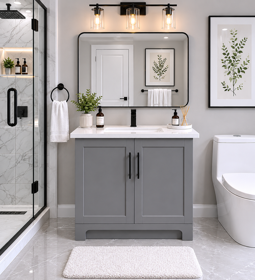 Meuble-lavabo de salle de bain en HDF de 76 cm avec comptoir en quartz et évier