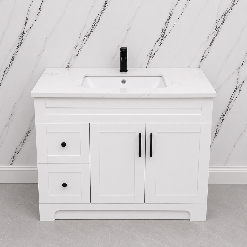 36" White HDF Bathroom Vanity with Quartz Countertop & Soft-Close Storage