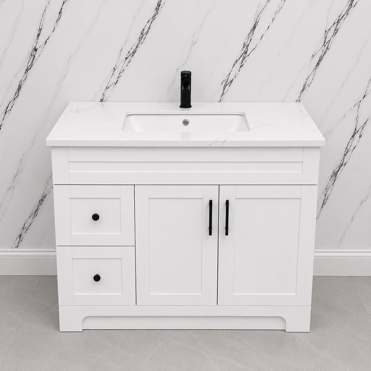 36" White HDF Bathroom Vanity with Quartz Countertop & Soft-Close Storage
