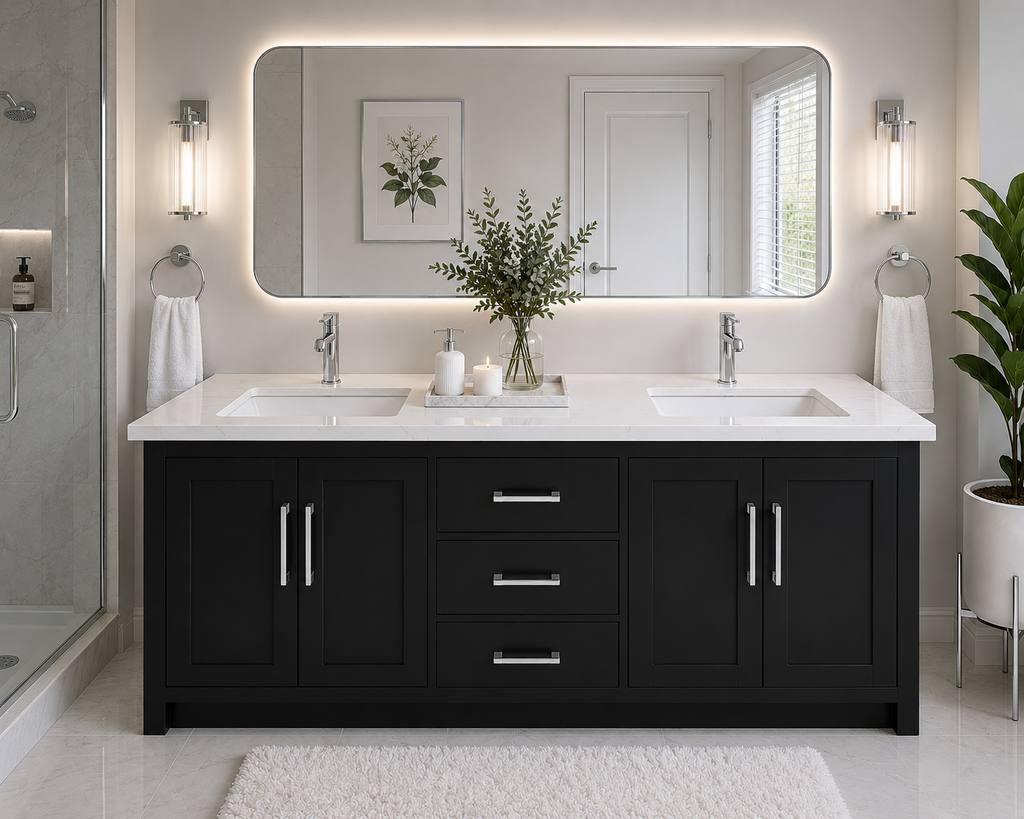 60" HDF Bathroom Vanity with Countertop – Single Sink or Double Sink | White, Grey, Blue & Black  Description