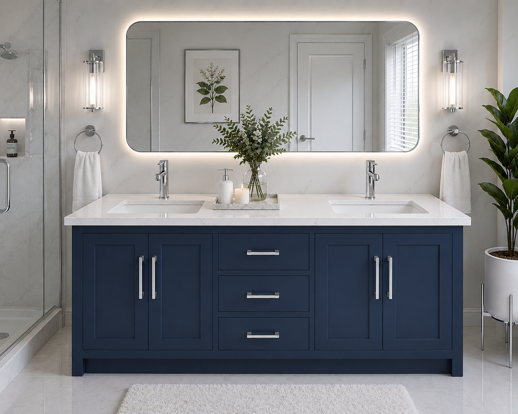 60" HDF Bathroom Vanity with Countertop – Single Sink or Double Sink | White, Grey, Blue & Black  Description
