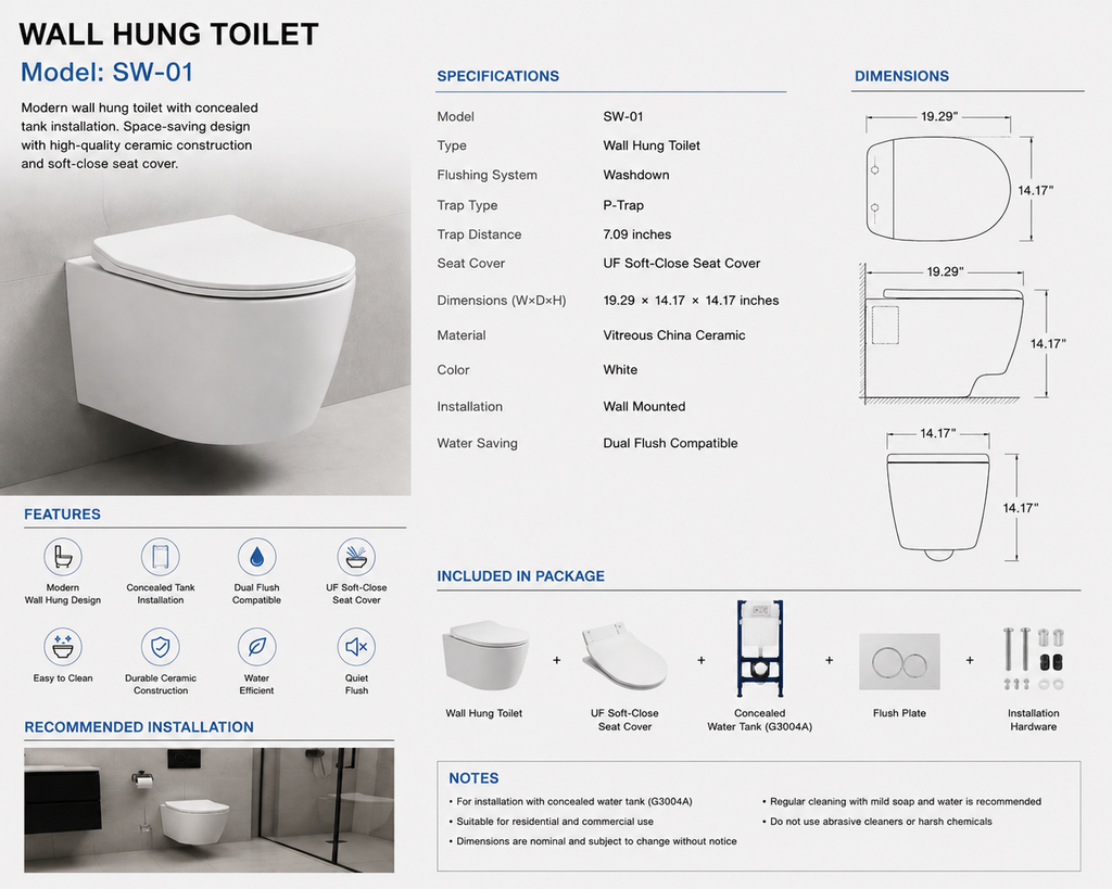 SW-01 Wall Hung Toilet with Concealed Tank & Soft-Close Seat – Modern Floating Bathroom Toilet System