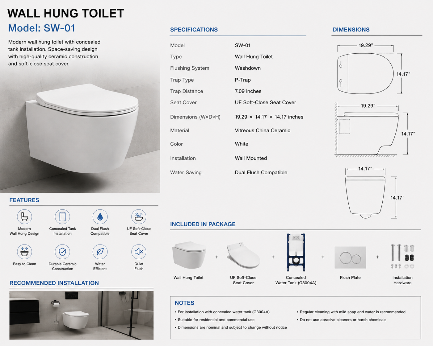 SW-01 Wall Hung Toilet with Concealed Tank & Soft-Close Seat – Modern Floating Bathroom Toilet System
