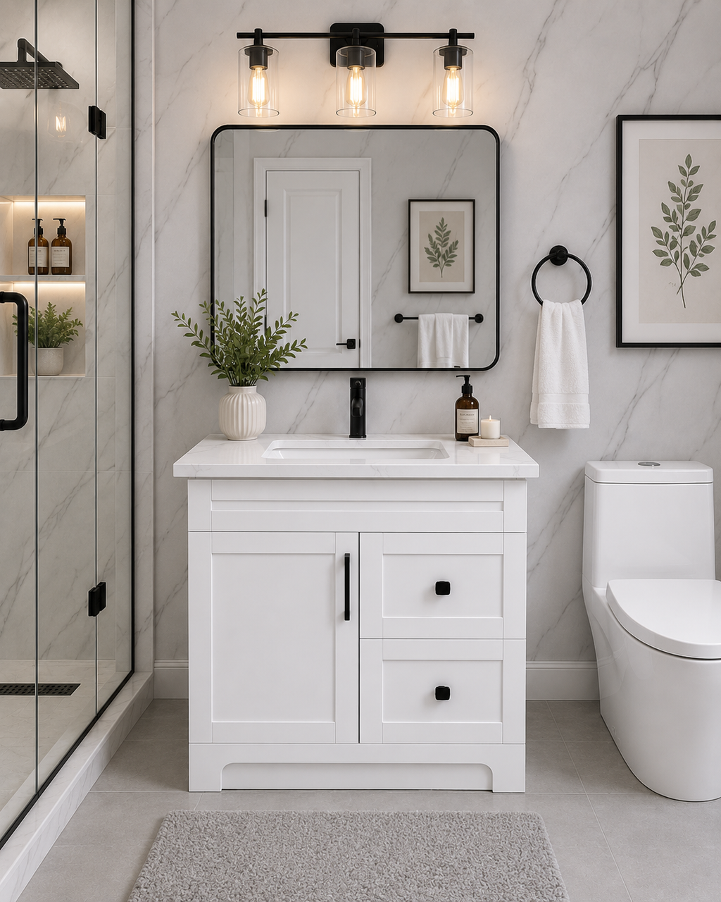 30" White HDF Bathroom Vanity with Quartz Countertop & Reversible Drawers