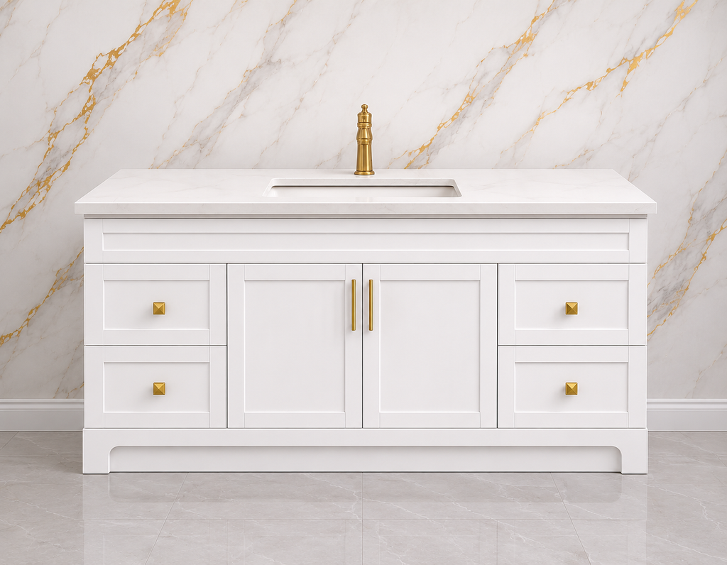 60" HDF Bathroom Vanity with Countertop – Single Sink or Double Sink | White, Grey, Blue & Black  Description