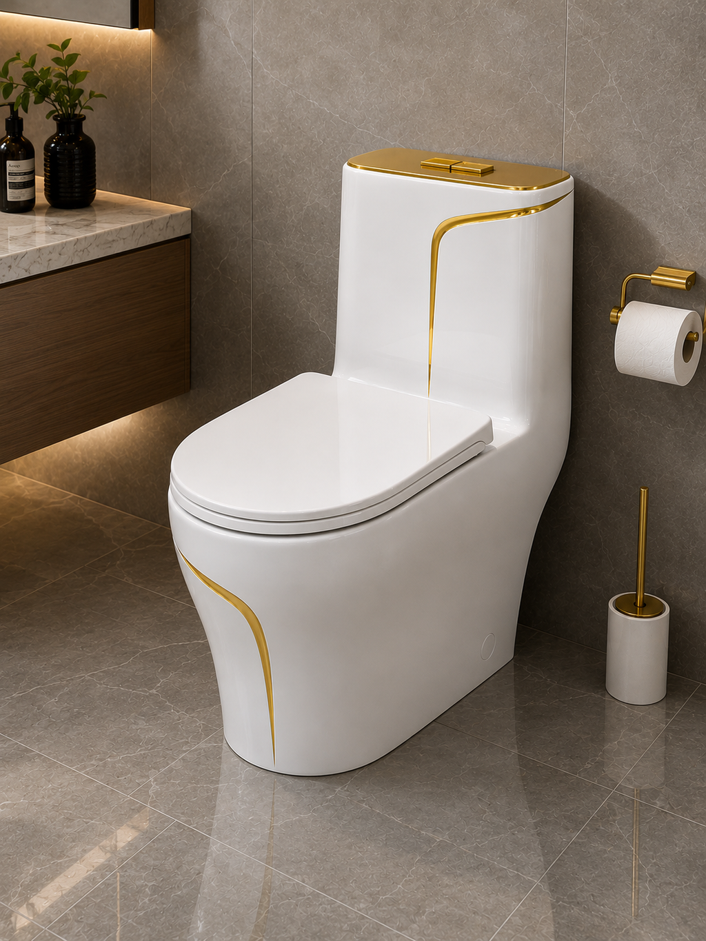 Buildnova 2023 Luxury One-Piece Dual Flush Toilet – White with Gold Accent | Soft-Close Seat | Modern Bathroom Design