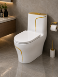 Buildnova 2023 Luxury One-Piece Dual Flush Toilet – White with Gold Accent | Soft-Close Seat | Modern Bathroom Design