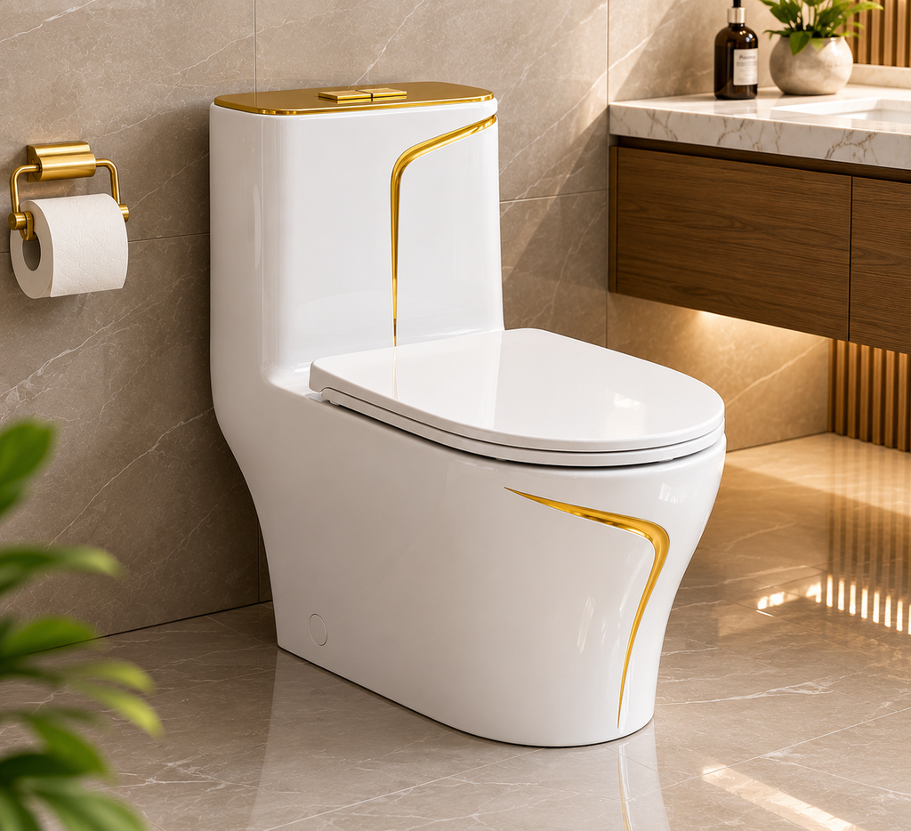 Buildnova 2023 Luxury One-Piece Dual Flush Toilet – White with Gold Accent | Soft-Close Seat | Modern Bathroom Design