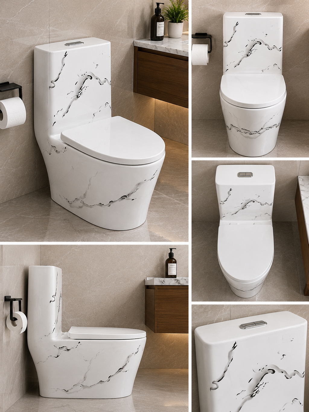 Buildnova 2023 One-Piece Dual Flush Toilet – White Marble Design with Soft-Close Seat
