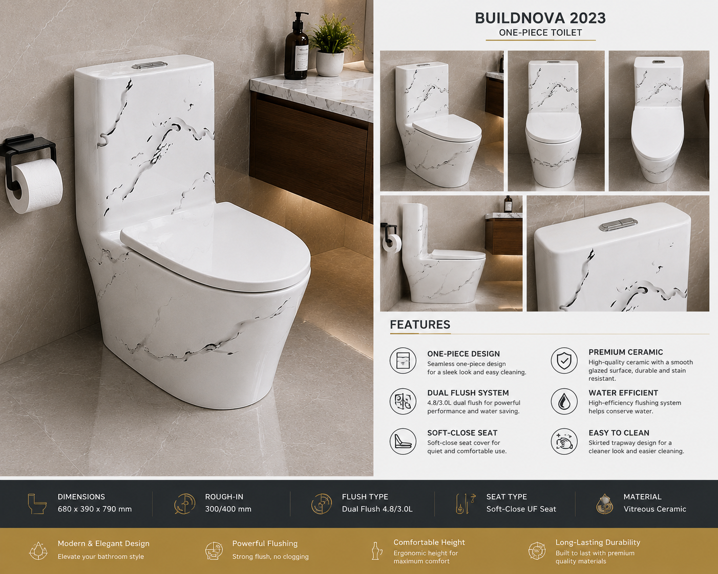 Buildnova 2023 One-Piece Dual Flush Toilet – White Marble Design with Soft-Close Seat