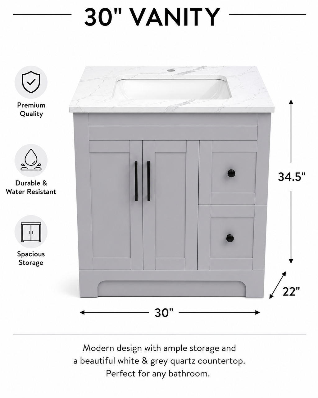 30" White HDF Bathroom Vanity with Quartz Countertop & Reversible Drawers