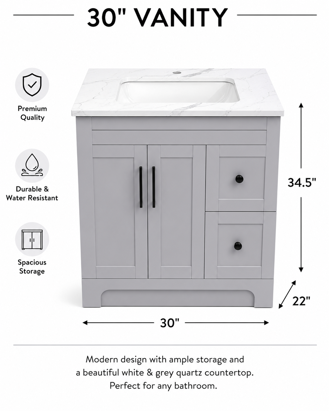 30" White HDF Bathroom Vanity with Quartz Countertop & Reversible Drawers
