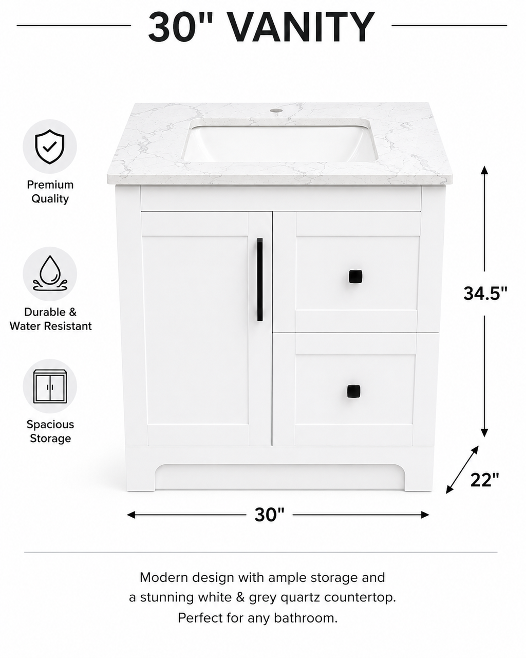 30" White HDF Bathroom Vanity with Quartz Countertop & Reversible Drawers